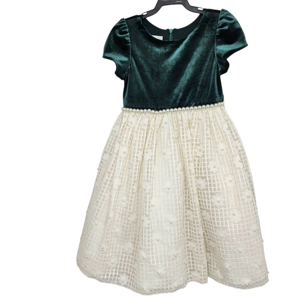 American Princess Green Velvet/Beige‎ Girls Lace Dress Size 5 Details Pearl